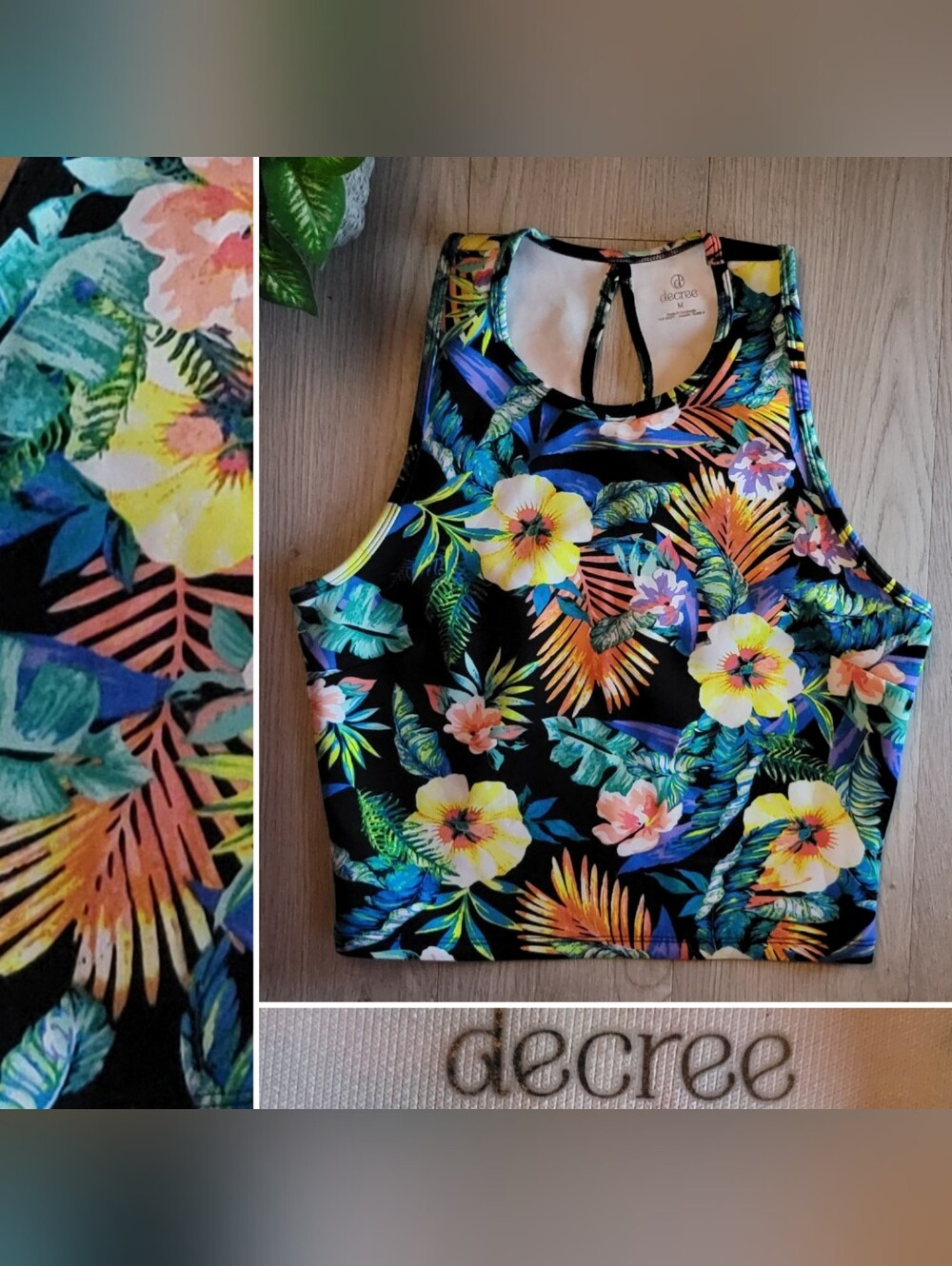 Decree Tropical Floral High-Neck Hibiscus Keyhole Back Cut-Out Crop Top, Medium